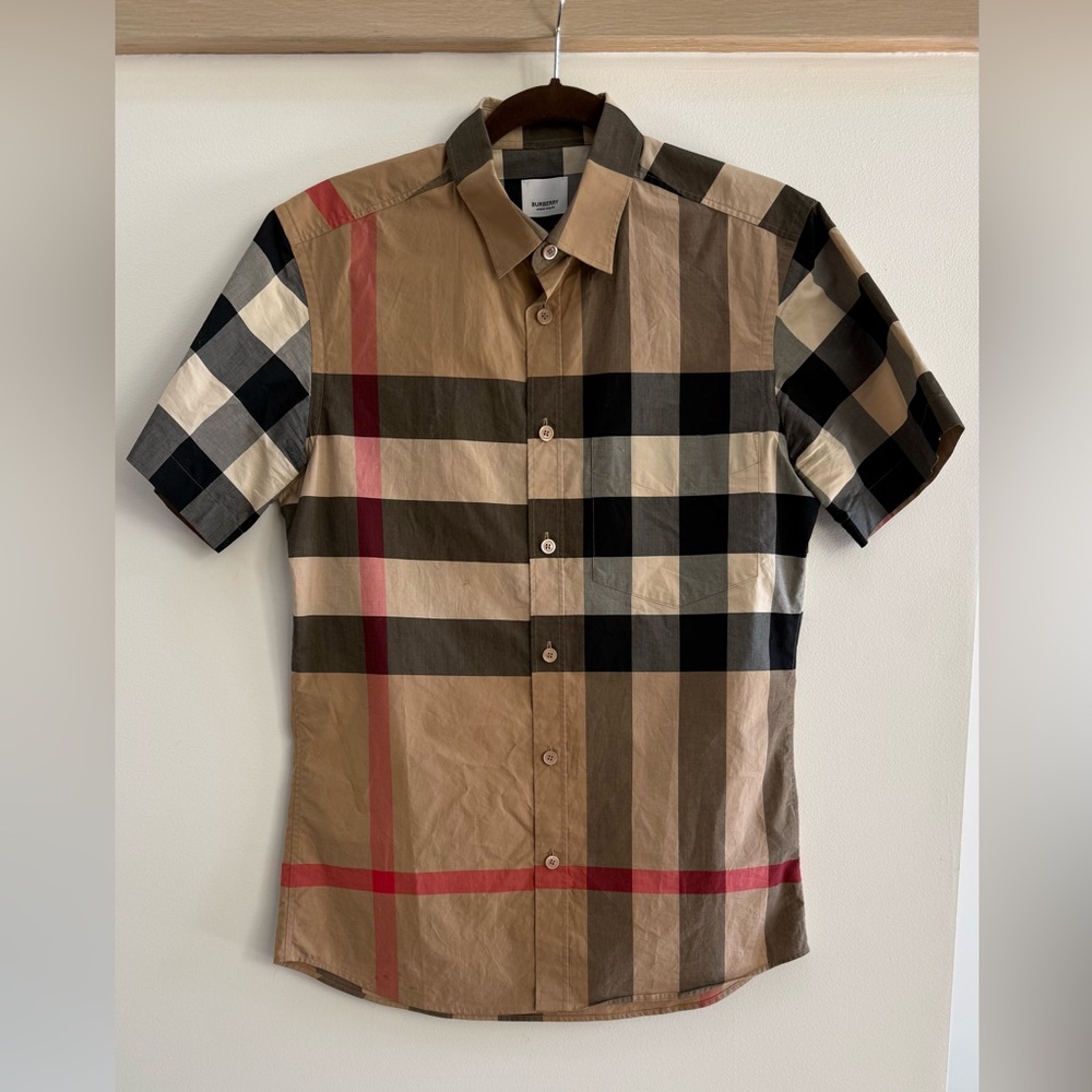 Burberry Short-Sleeve Check Button-Down Shirt in Tan, Black & Red